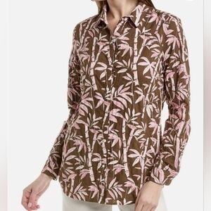 J Mclaughlin Long Sleeve Button Front Bamboo Print Shirt Blouse Top Size L
